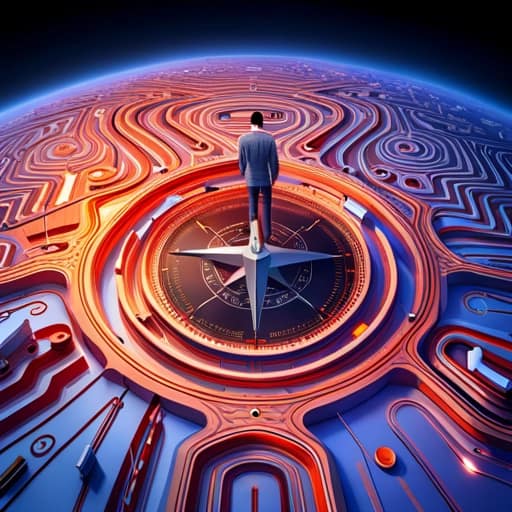 Image of a man standing on a compass on top of a world that looks like a computer motherboard for The Power of Directory Listings